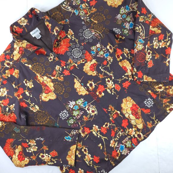CHICOS JACKET WOMEN'S SIZE 3 BROWN RED YELLOW FLORAL FULL ZIP LINED POCKETS *EUC - Picture 1 of 16